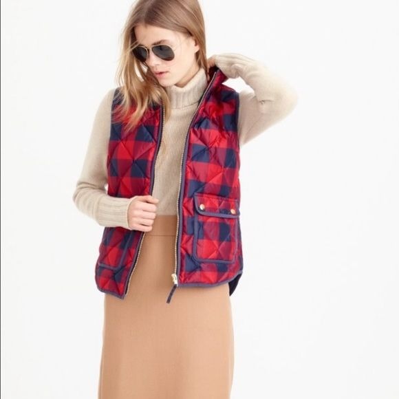 J.Crew || Buffalo Check Excursion Down Vest Red Navy Small