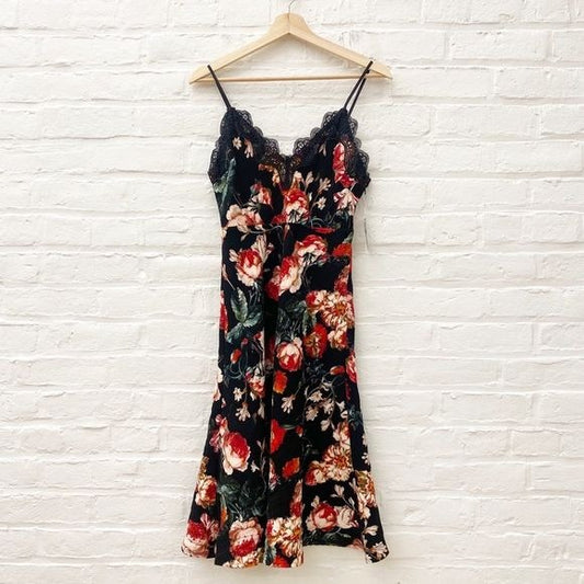 Anthropologie || Foxiedox Lace Trim Floral Fit & Flare Midi Dress Black XSP NWT