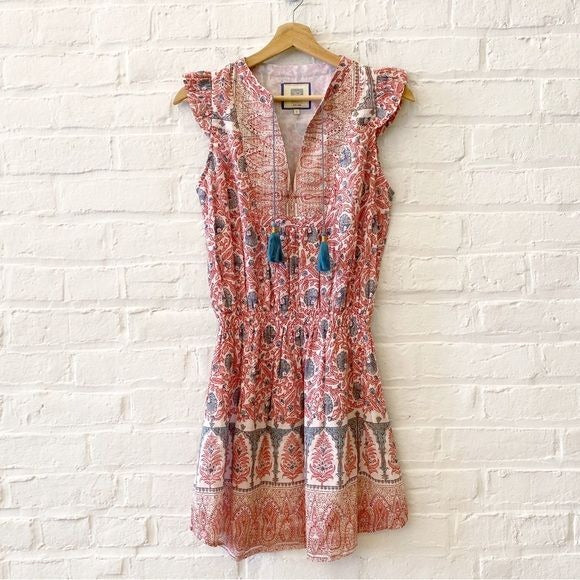 Bell by Alicia Bell || Lola Mini Dress Block Print Tassels Silk Blend Small