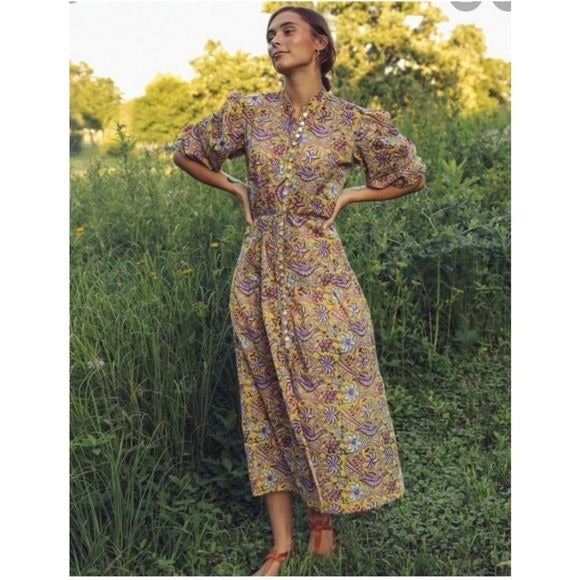 Mille || Juno Midi Dress in Birds of Paradise Yellow Floral XS