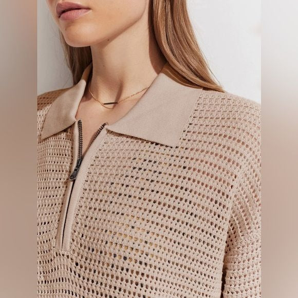 Varley || Clayton Polo Zip Neck Collar Open Weave Crochet Knit Moon Tan XS