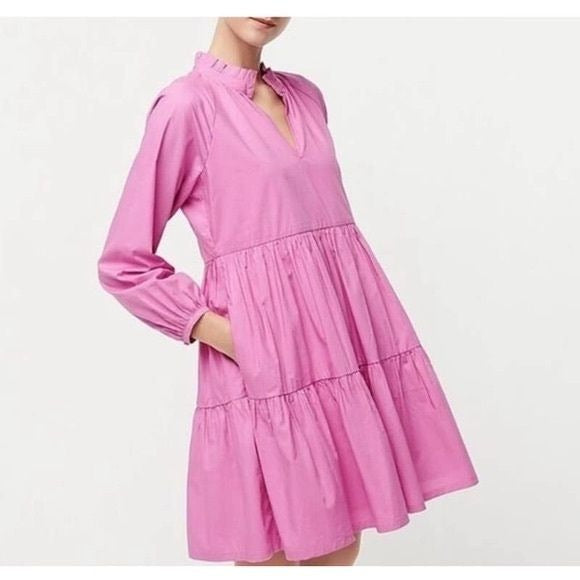 J.Crew || Tiered Popover Cotton Poplin Dress Ruffle Neck Pink Medium