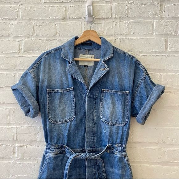 R13 || Mick Belted Distressed Denim Romper Cohen Blue Small