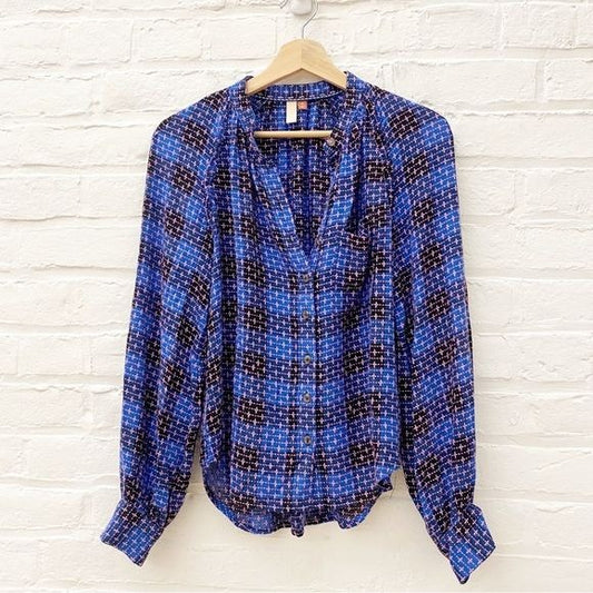 Anthropologie || Pilcro Femme Button Down Plaid Embroidered Blue