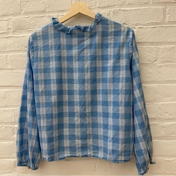 Madewell || Colwell Plaid Ruffle-Neck Top Blue Medium