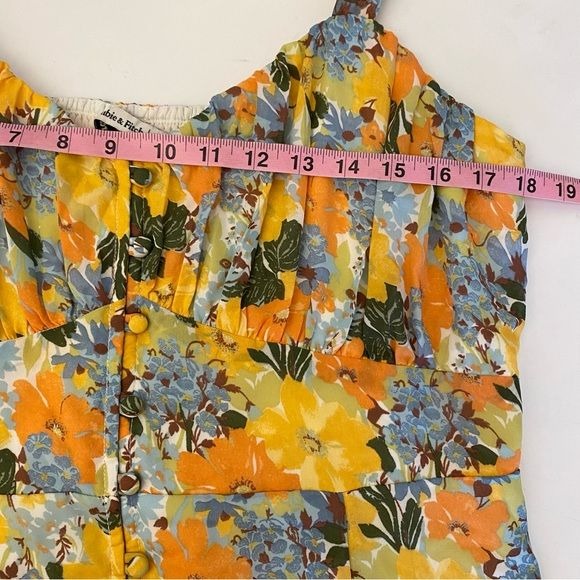 Abercrombie || Smocked Floral MIDI Dress Button Front Orange Yellow Large