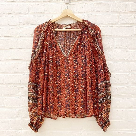 Ulla Johnson || Calista Blouse in Brick Silk Floral Red Orange Gold Ruffle Top 8