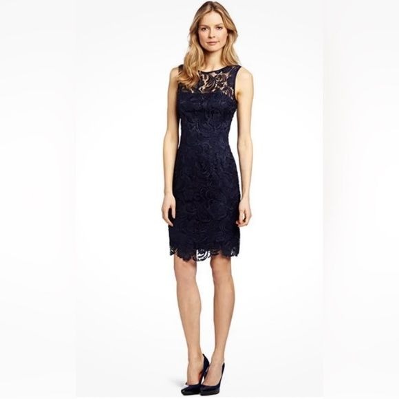 Adrianna Papell || Illusion Neckline Sleeveless Sheath Dress Lace Navy 12