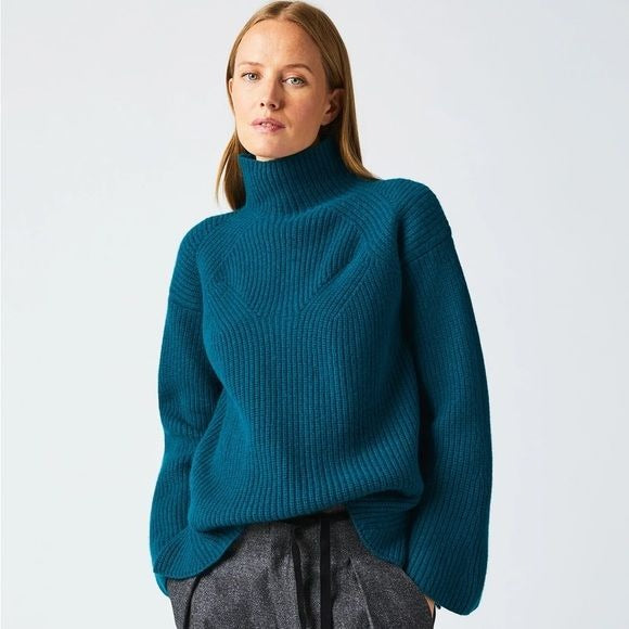 Billy Reid || Transfer Rib Funnel Neck Sweater Merino Wool Gemstone Green Blue M