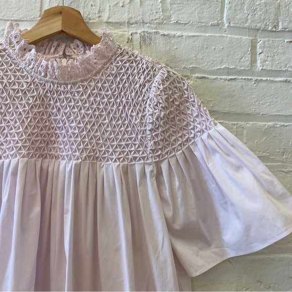 Rebecca Taylor || Short Sleeved Sateen Smock Top High Eyelet Neck Blush Pink 6