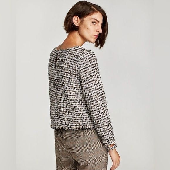 Zara || Chenille Tweed Top Ling Sleeve Pearl Cuffs Black Ivory Small