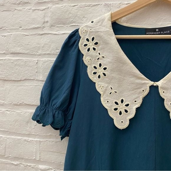 Tuckernuck || Pomander Place Kit Mini Dress Lace Collar in Peacock Green XS