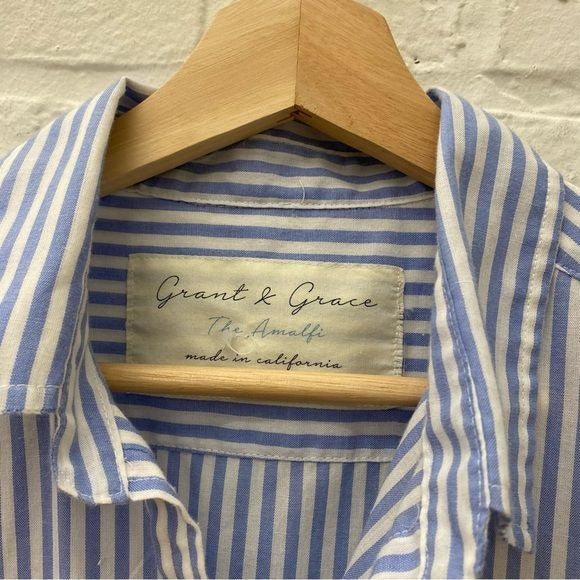 Grant & Grace || The Amalfi Striped Linen Blend Shirt Dress Button Down Blue XL