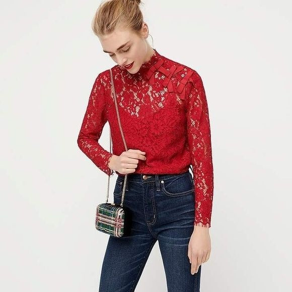 J. Crew || Mockneck Top in Floral Lace Bow Detail Holiday Party Red 20 NWT