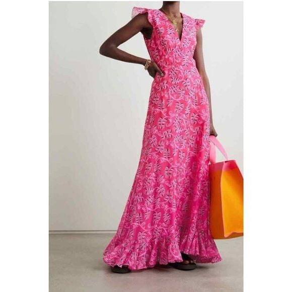 Saloni || Emma V-Neck Flutter Sleeve Maxi Dress Gown Cotton Silk Pink Floral 4