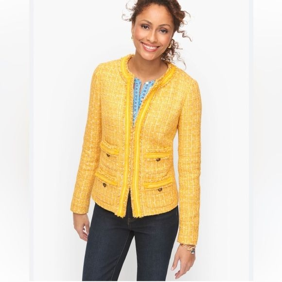 Talbots || Tweed Lady Jacket Fringe Patch Pocket Buttons Preppy Yellow 2