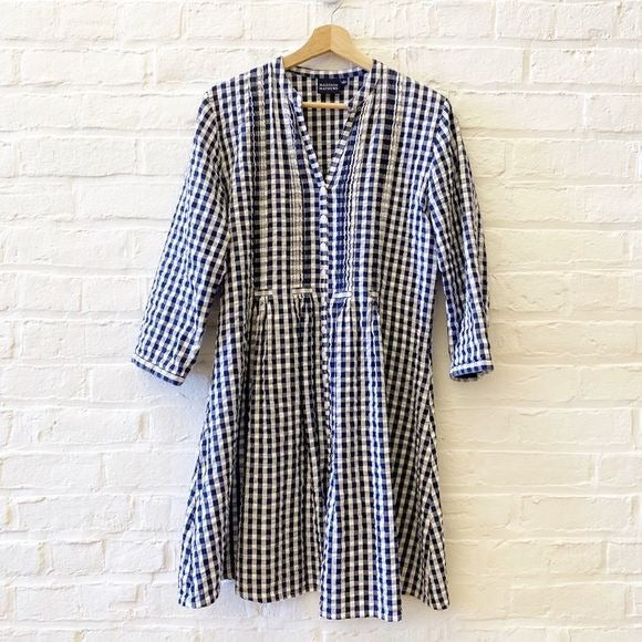 Madison Mathews || Juliette Cotton Shirtdress Mini Dress in Navy Gingham Large