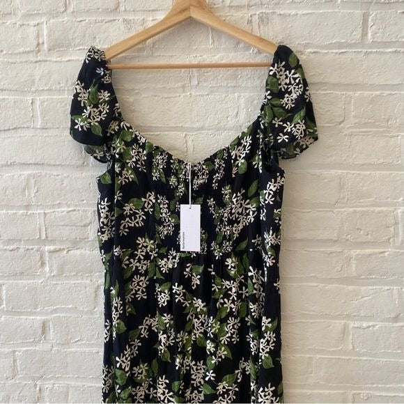 Reformation || Baxley Floral Midi Dress ES in Aroma Black Green 14 NWT