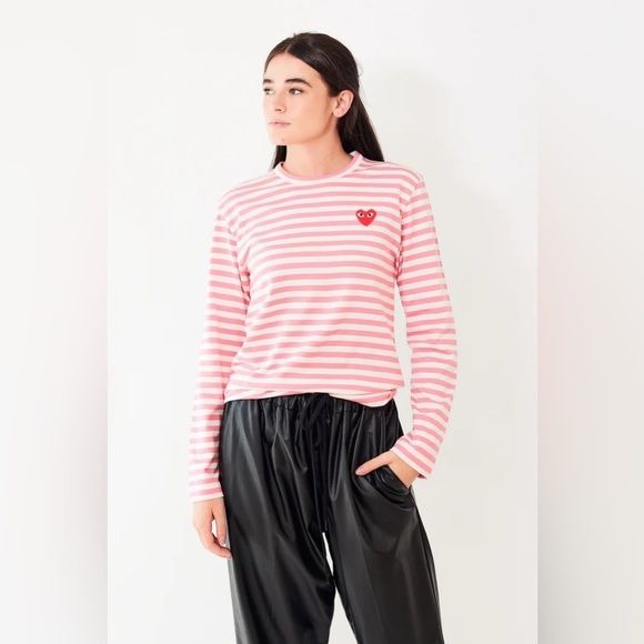 Comme des Garçons Play || Long Sleeve Pink Stripe Logo Tee Medium