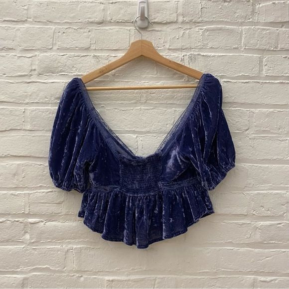 Free People || Yours Truly Velvet Lace Keyhole Sweetheart Top Wild Moon Blue XS