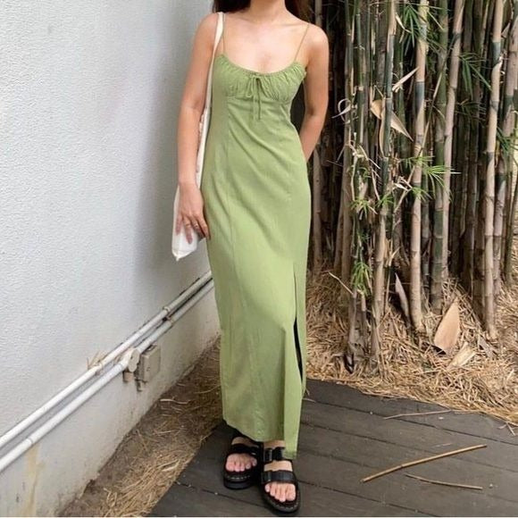 Zara || Peasant Midi Dress Tank Sundress Slit Tie Green Small