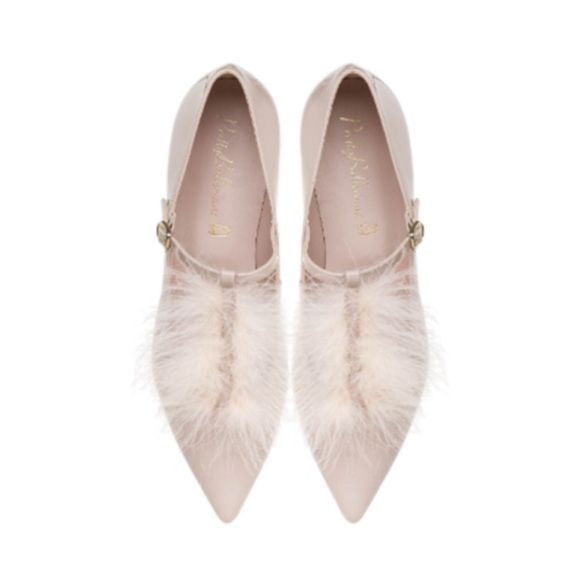 Pretty Ballerinas || Feather T-Strap Patent Flats Pointed Toe Blush Pink 39