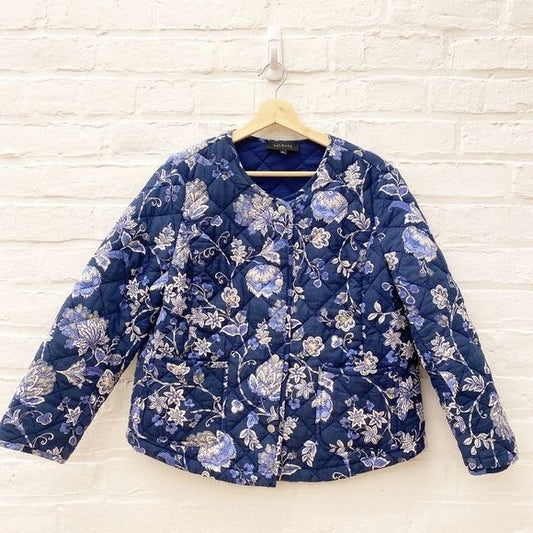 Talbots || Jacobean Quilted Floral Jacket Coat Grandmillenial Preppy Blue Large