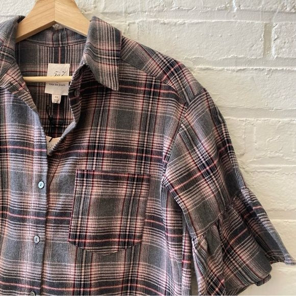 Cinq A Sept || Emile Top Cropped Plaid Flannel Blouse Short Sleeve Gray XS NWT