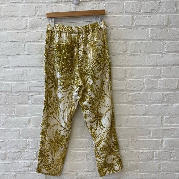 Anthropologie || Pilcro Cottage Surf Pants Palm Frond Floral Print Linen Green S