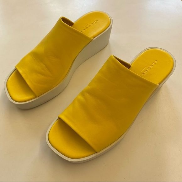 Clergerie Paris || Sasha Leather Slides Mules Platforms Wedges Yellow 38.5