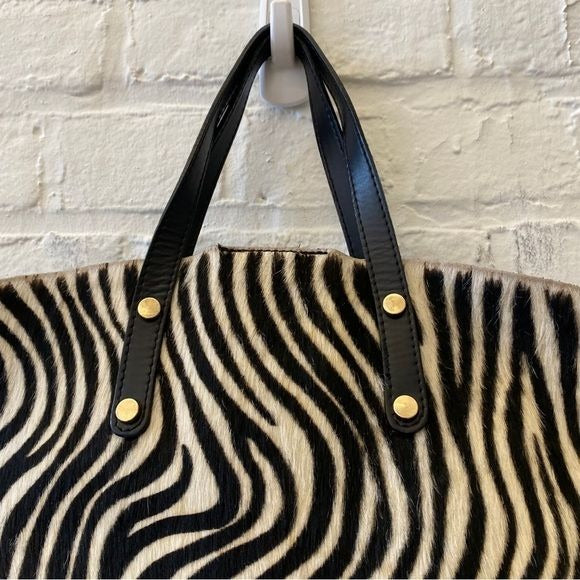 Made in Italy || Zebra Print Pony Hair + Leather Satchel Tote Shoulder Bag Black