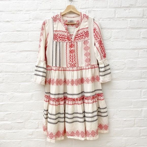 Haris Cotton || Tiered Embroidered Cotton Dress Sleeves Greece Cream Red Small