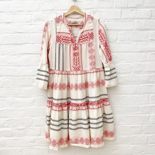 Haris Cotton || Tiered Embroidered Cotton Dress Sleeves Greece Cream Red Small