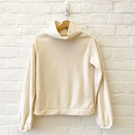 Dudley Stephens || Fleece Funnel Neck Turtleneck Sweater Pullover Ivory Cream XS