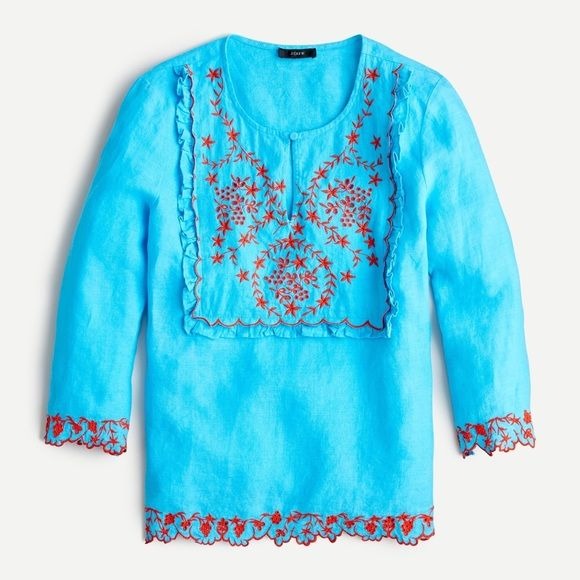 J. Crew || Embroidered Linen Tunic Top Monaco Blue