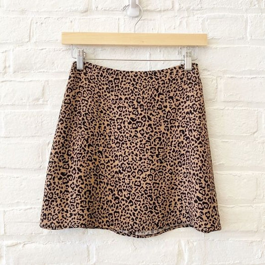 Reformation || Flounce Mini Skirt Leopard Bengal Tan Black 0