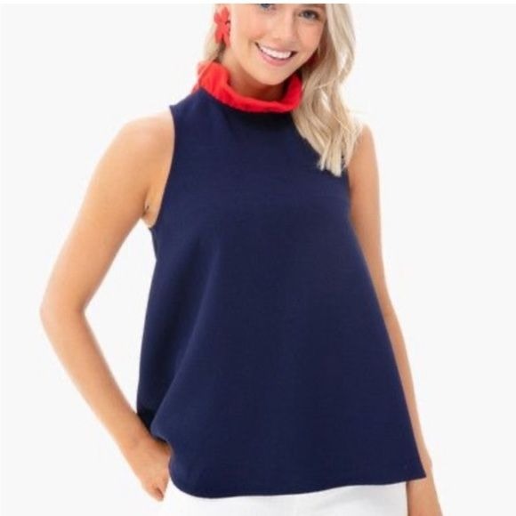 Tuckernuck || Pomander Place Mason Blouse High Ruffle Neck Navy Red Small