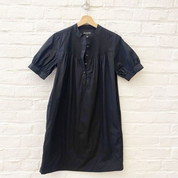 J. Crew || Short-sleeve Mini Shirtdress in Cotton Poplin Pintucked Black XXS