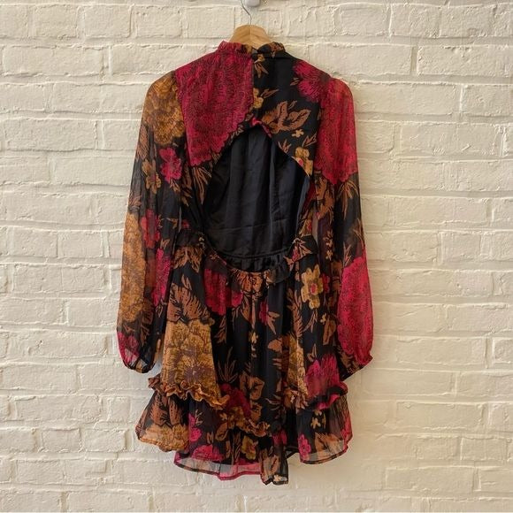 Anthropologie || Porridge Puff Sleeve Open Back Floral Mini Dress Black Small