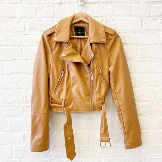 Bagatelle Collection || Belted Moto Jacket Vegan Leather Tan Cognac Small