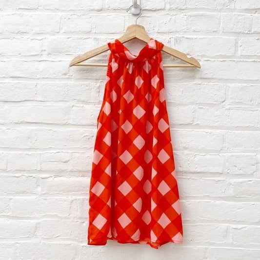 J. Crew || Gingham Tie-neck Tank Shell Halter Top Blouse Red Pink 2