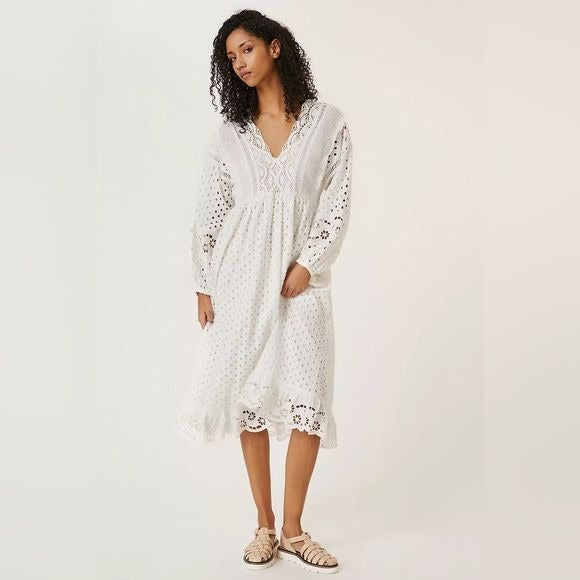 Anthropologie || Forever That Girl Lace Midi Dress Eyelet White Silver XS NWT