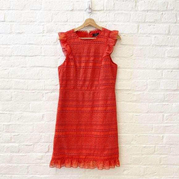 J Crew || Cap Sleeve Ruffle Lace Eyelet Dress Bright Cerise Red Orange 8