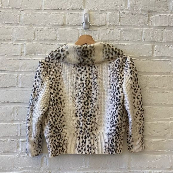 St. John || Snow Leopard Cardigan Sweater Detachable Fur Collar Cream Small