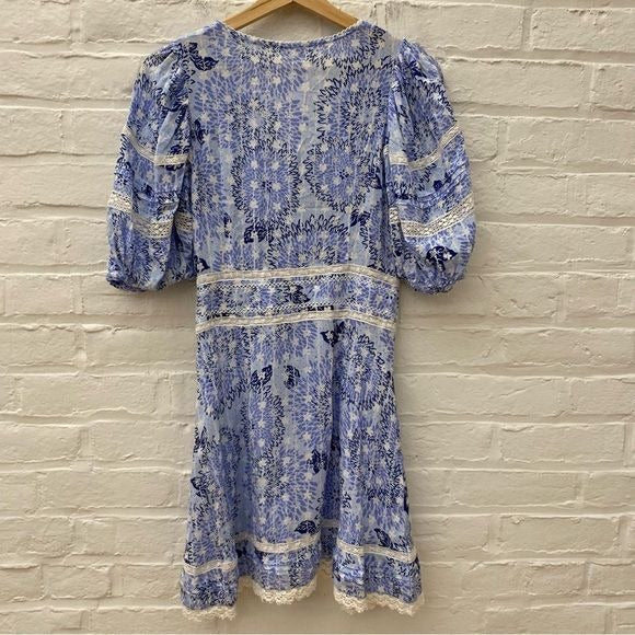 Poupette St. Barth || Reine Puff Sleeve Lace Trim Mini Dress Blue White Small