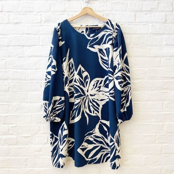 ELOQUII || Puff Sleeve Easy Tee Dress Ruffle Floral Chalk Art Navy 24