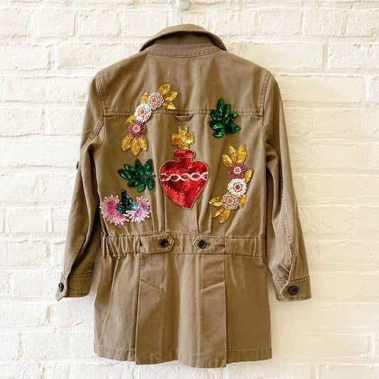 Veronica Beard || Holden Sequined Floral Heart Military Cargo Jacket Green Small