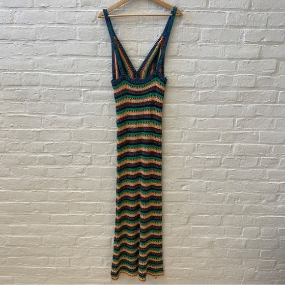 Zara || Striped Crochet Knit V-Neck Bloggers Favorite Dress Cotton Large