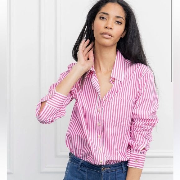 The Shirt by Rochelle Behrens || The Boyfriend Shirt Button Down Pink Stripe XS