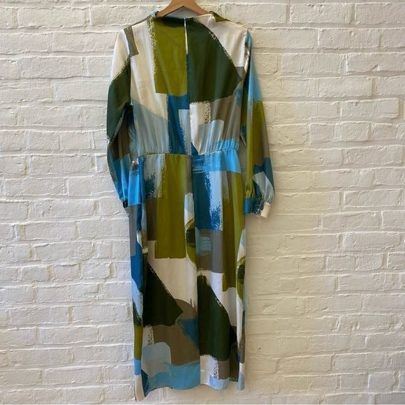 Zara || Long Sleeved Brush Stroke Midi Dress Green Blue Large